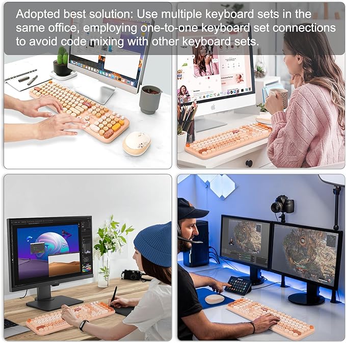 FOPETT Wireless Keyboard and Mouse Combo - 2.4G Full-Sized Cute Colorful Retro Keyboard with Round Keycaps 104 Keys Typewriter Keyboard for Laptop/Windows/PC - Milk Tea Colorful
