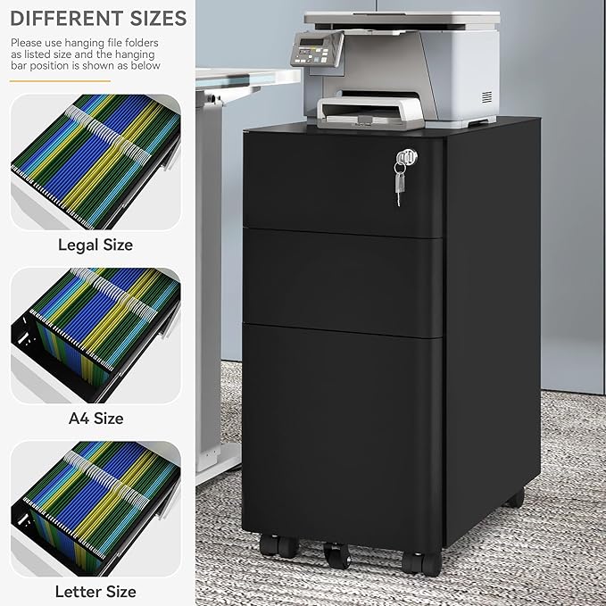 DWVO 3-Drawer Vertical File Cabinet, Mobile Filing Cabinet with Lockable, Pre-Assembled Compact Slim File Cabinet, Portable Office Storage for A4/Letter/Legal Documents (Black)