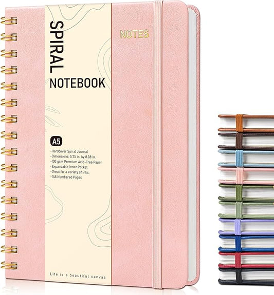 Dotted Spiral Journal Notebook, A5 Hardcover Spiral Journals for Women Men, 100 GSM Dot Grid Paper Notebooks, 150 Pages Spiral Bullet Dotted Notebook for Writing Note Taking 5.75" x 8.38", Blush Pink