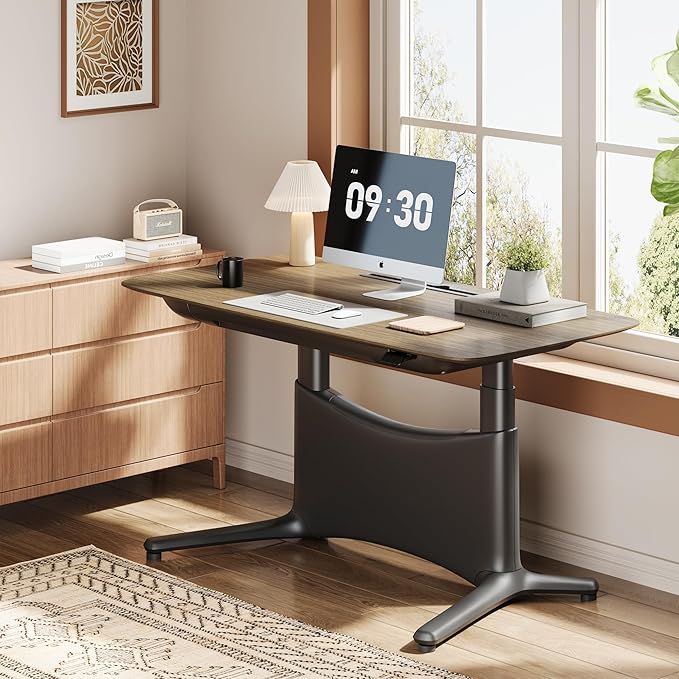 COLAMY Electric Adjustable Standing Desk – 48 x 28 Inch Sit Stand Desk with Drawer & Cable Management, Dual Motor Lift System, Ergonomic Footrest, Home Office Table (Veneer Desktop, Walnut + Black)