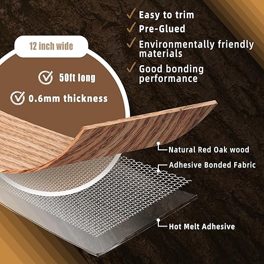 GSCIT Club Oak Wood Veneer, 12 inch x 50ft Wood Red Oak Edge Banding Pre-glued Flexible, Veneer Tape Banding for Cabinet Repair Furniture Restoration