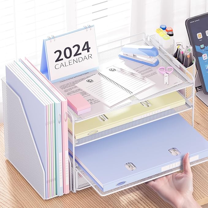 Desk Organizer and Accessories, 4-Tier Desktop File Organizer with Drawer and 2 Pen Holders, Office Desk Accessories for Office Supplies(White)