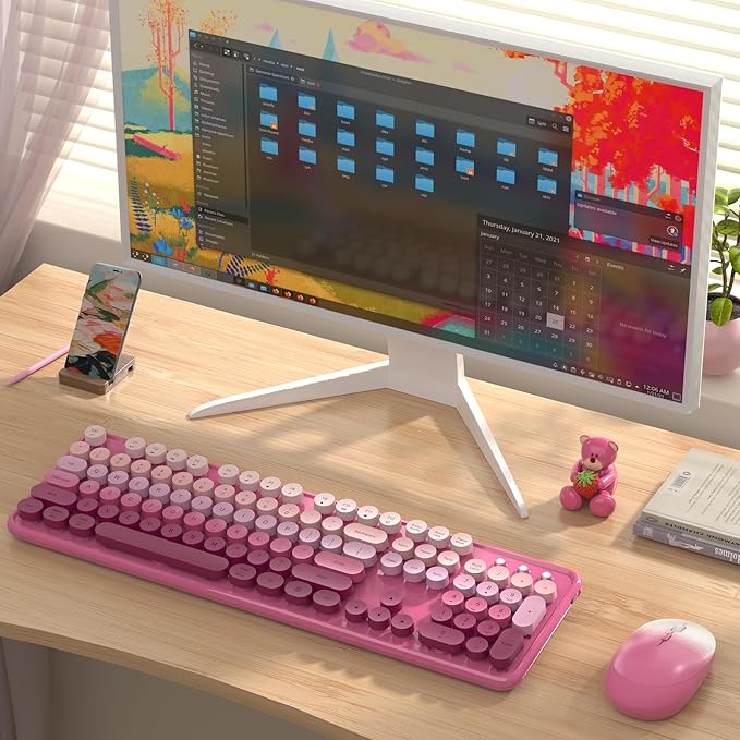 Colorful Wireless Keyboard and Mouse Combo, COVEVA 2.4GHz Wireless Retro Cute Round Keycaps Keyboard, 104 Keys Full-Sized Keyboard Mouse Set with Switch Button for PC Laptop Desktop (Pink Gradient)