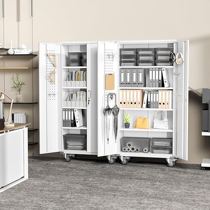 Greenvelly 72" Metal Storage Cabinet with Wheel and Pegboard, Lockable White Metal Garage Cabinets with 2 Doors and 4 Adjustable Shelves, Rolling Steel Tool Cabinet for Garage, Home Office, School