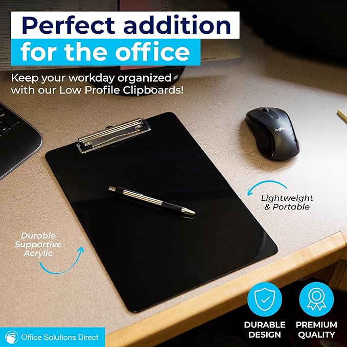 Black Plastic Clipboards (Set of 12) Multipack - 12.5x9 Inch Clipboard Holds 100 Sheets, Low Profile | Colored Acrylic Clip Boards in Bulk for Kids & Professionals