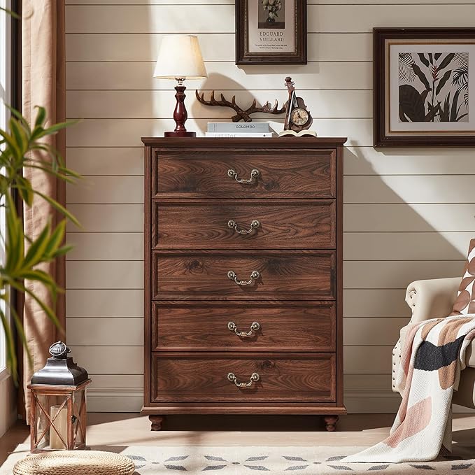 Farmhouse 5 Drawer Dresser Set of 2 for Bedroom, 45" Tall Rustic Chests of Drawers w/ 4 Solid Wood Feet, Mid Century Vintage Wooden Closet Storage Dressers Organizer for Living Room, Brown