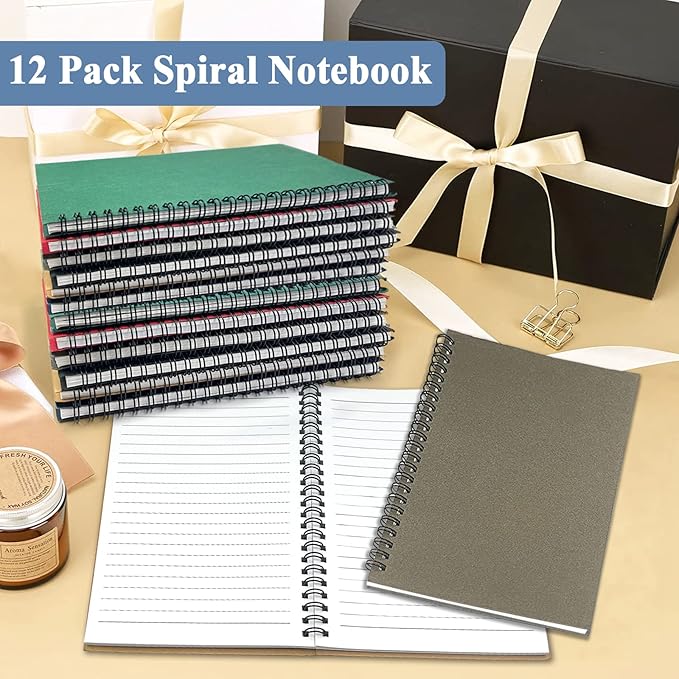 GINMLYDA Small Spiral Notebook 12Pack, 120 Lined Pages 8.25x5.50 Inches Spiral Journal Kraft Cover Notebooks & Writing Pads for School Home Office Aesthetic Sketch Drawing Note