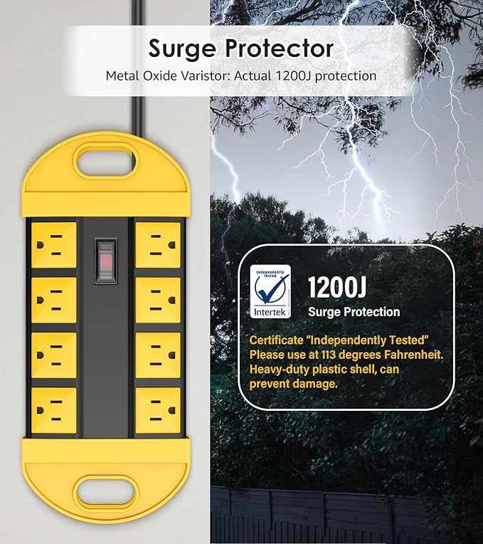 CCCEI GFCI Outdoor Power Strip Weatherproof with 8 AC, Waterproof Extension Cord with Multiple Outlets, Wall Mount Surge Protector Flat Plug, Christmas Exterior Garden, Yard, 10FT, Yellow.
