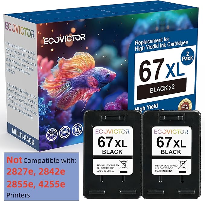 EcoVictor 67XL Black Ink Cartridge Replacement for HP 67 XL (2-Pack) Compatible to HP DeskJet 2755e 2700 2700e 4155e 2752 2755 4100 4100e 2320 Envy 6055e 6000 6000e 6455e 6400 6400e 6458 6052 Printer