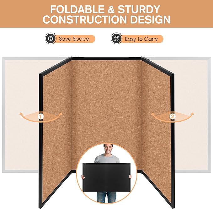 Board2by Extra Large Cork Bulletin Board 96" X 48", Foldable Notice Pin Board for Wall, Black Woodm Framed 8'x4' Corkboard, Wall Mounted Noticeboard with 32 Push Pins for School, Home & Office