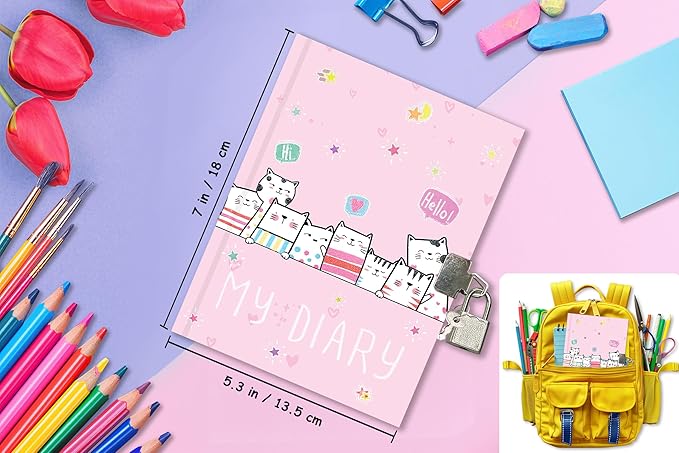 Cat Diary with Lock for Girls, 7x5.25 Inches 160 Lined Pages Secret Kids Diary Cute Cats Journal with Lock and Keys Notebook for Girls Birhtday Gifts for 5-10 Years Old