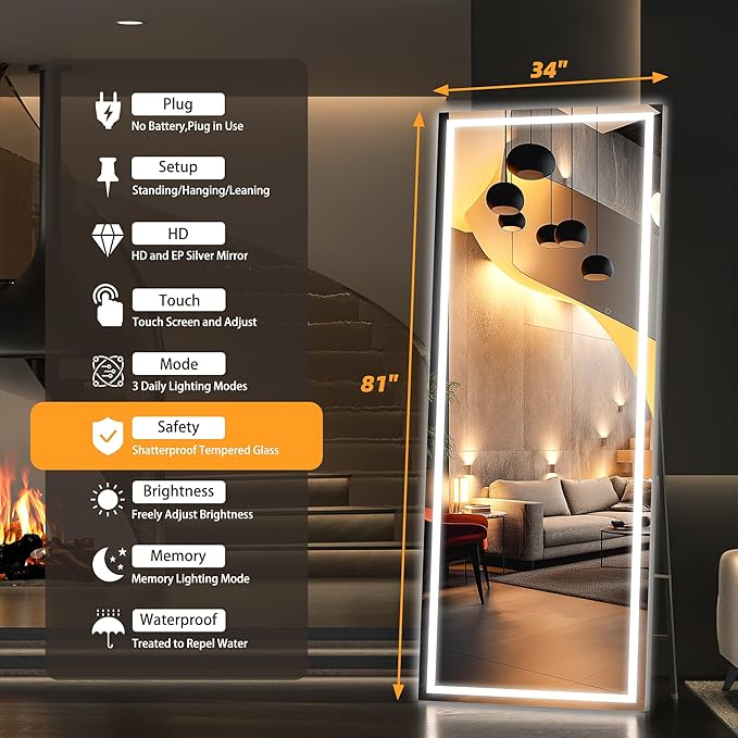 Hasipu Full Length Mirror with Lights, 81" x 34" LED Lighted Floor Standing Mirror, Full Body Dressing Hanging Mounted Mirrors, Dimmable, Tempered Glass, Safe to Use, Square Black