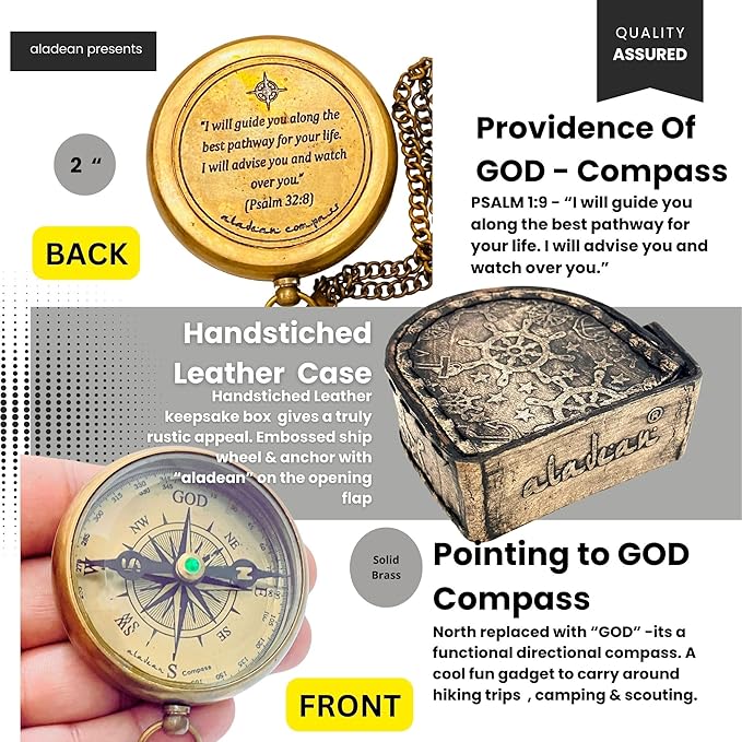 Divine Path Engraved Compass - I Will Guide You - Psalm 32:8" Quote | Inspirational Gifts for Men Women, Uplifting Spiritual Heavenly Faith Gift Boys Girls