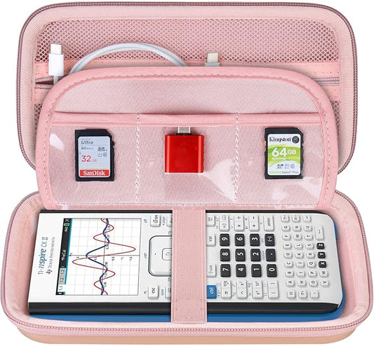 BOVKE Calculator Travel Case for Texas Instruments TI-Nspire CX II CAS/CX II/CX/CX CAS Graphing Calculators and More - Mesh Pocket for USB Charging Cables and Other School Supplies, Rose Gold