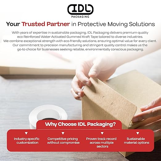 IDL Packaging 2.83" x 450 feet Reinforced Water-Activated Kraft Gummed Tape 30lb Thickness - Secure Paper Packing Tape for Secure Carton Sealing - Heavy-Duty for All Conditions, White