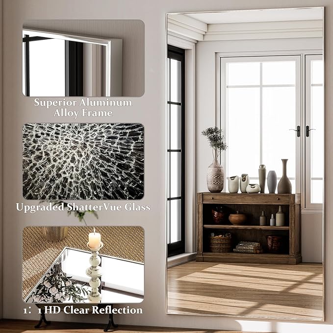 GLSLAND 76"x34" Full Length Mirror Extra Large Hanging or Leaning Rectangle Mirror Aluminum Alloy Thin Frame Bedroom Floor Dressing,Silver