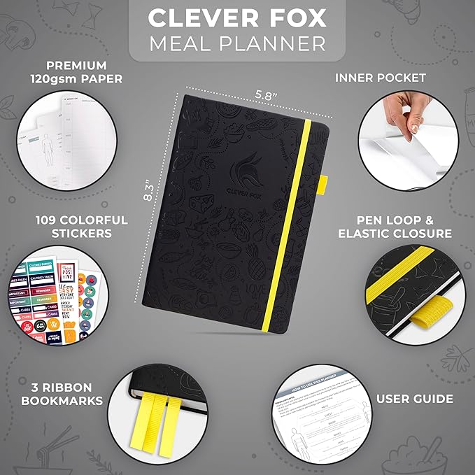 Clever Fox Weekly Meal Planner - Weekly & Daily Meal Prep Journal with Shopping and Grocery Lists for Menu Planning, Healthy Diet & Weight Loss Tracking, Lasts 1 Year, Undated, A5 - Black