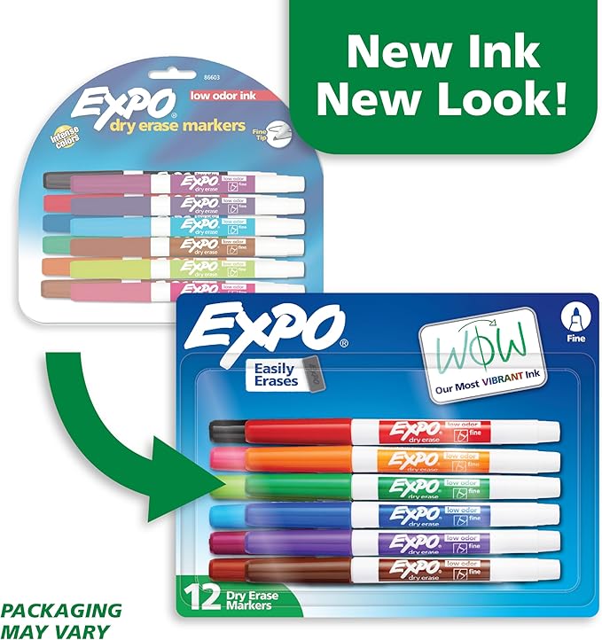 EXPO Low Odor Dry Erase Markers Fine Tip Assorted Colors 12 Count