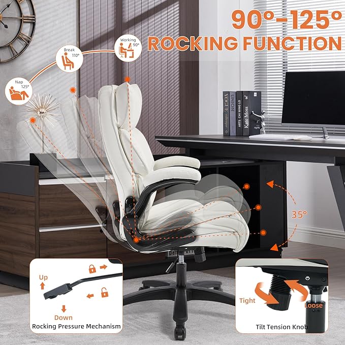 Big and Tall Office Chair 500lbs Wide Seat Executive Office Desk Chair High-Back Office Task Chair with Flip-Up Armrest, Ergonomic Lumbar Support Computer Office Chairs for Heavy People(White)