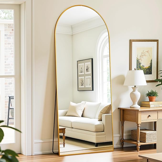 Full Length Mirror, 59"x18" Oversized Floor Mirror Freestanding, Full Body Mirror Floor Standing Mirrors with Stand, Hanging Mounted Mirrors for Bedroom Living Room, Gold, Arched Style