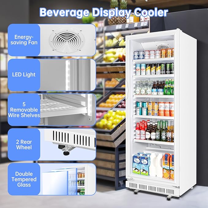 Commercial Beverage Refrigerator, 24.5 Inch 15 Cu. Ft. Drink Fridge, Display Refrigerator with Glass Door, Commercial Display Fridge with 5 Adjustable Shelves, for Shops, Restaurants, Bars