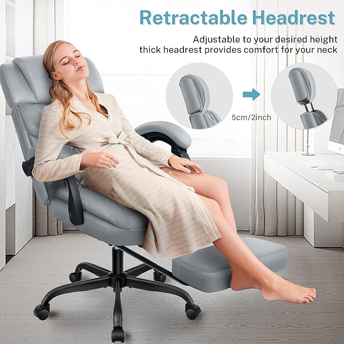 Executive Leather Office Chair, Big and Tall Desk Chair with Footrest Home Office Desk Chairs, Ergonomic Computer Desk Chair with Lumbar Support, Reclining Chair with Adjustable Angle