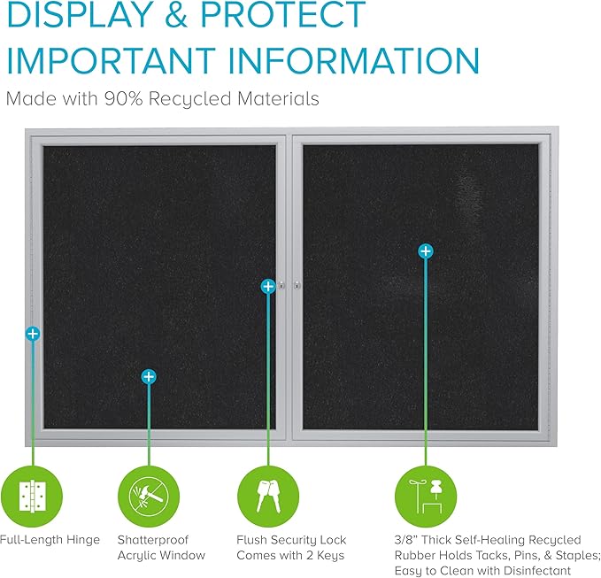 Ghent 36" x 48" 2-Door indoor Enclosed Recycled Rubber Bulletin Board, Shatter Resistant, with Lock, Satin Aluminum Frame,Black (PA234TR-BK) ,Made in the USA