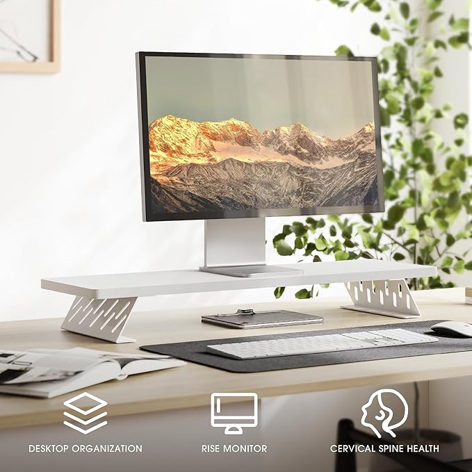 Fenge Monitor Stand Riser, Desk Top Shelf for 2 Monitors, Computer Stands for Desk, Wood & Steel Desktop Riser for Laptop, PC, Printer