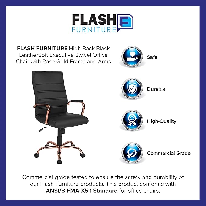 Flash Furniture Whitney High-Back Swivel LeatherSoft Desk Chair with Padded Seat and Armrests, Adjustable Height Padded Office Chair, Black/Rose Gold