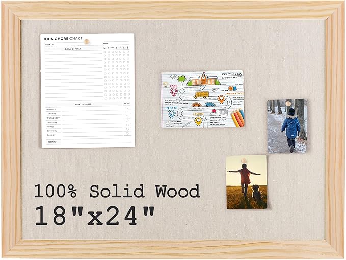 Bulletin Board Cork Board with Linen, 100% Wood Framed 18" x 24" Bulletin Board Decorations, Pin Boards for Walls, Wall Mounted Fabric Picture Board with 10 Pushpins for School, Home & Office, Natural