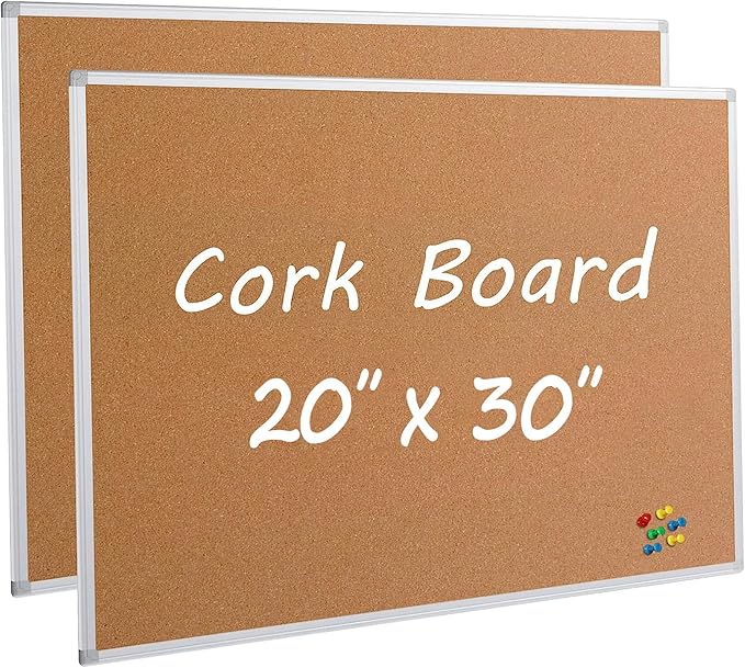 Board2by 2-Pack Cork Board Bulletin Board 20 x 30 Inches, Silver Aluminium Framed Corkboard, Office Board for Wall Cork, Large Wall Mounted Notice Pin Board with 32 Pins