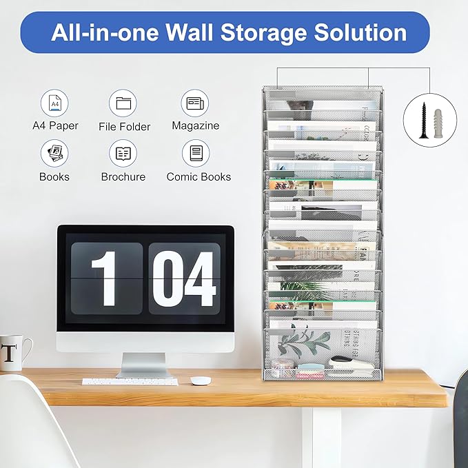 EasyPAG 14 Tier Wall File Holder with Flat Tray, Silver | Easy Assemble Mesh Desk File Organizer | 13-Folder Paper Storage | Replaceable Classify Labels | Space Saving Mail Organizer for Office Home