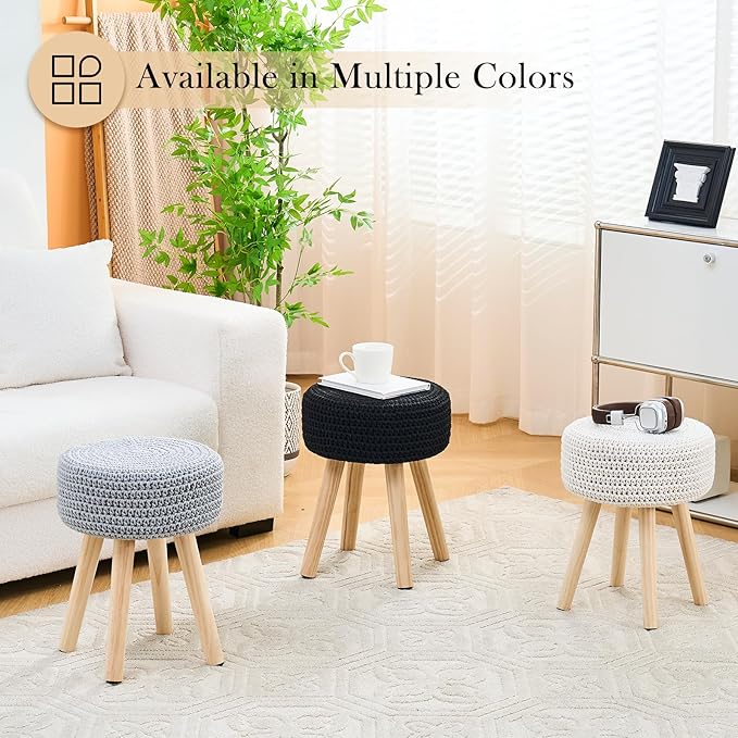 Cotton Knitted Ottoman Round Footstool Vanity Stool Modern Ottoman Footrest Stool with Non-Skid Wood Legs for Living Room Bedroom Grey