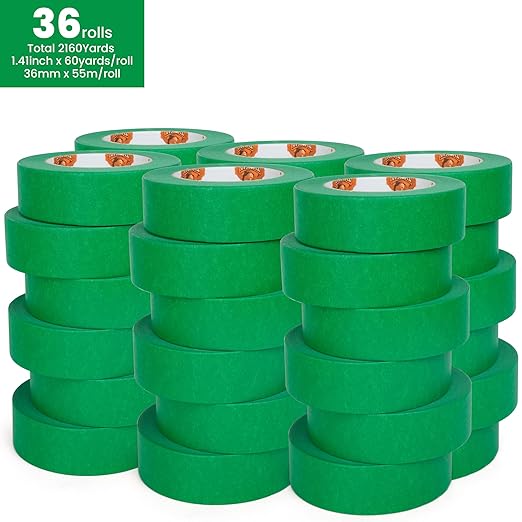 Green Painters Tape Multi-Surface Masking Tape 1.41 inch x 60 Yard, Indoor and Outdoor Painting Tape, Residue Free Easy Removal with Sharp Lines, Paint Tape for Walls, Auto, Home, 36Rolls