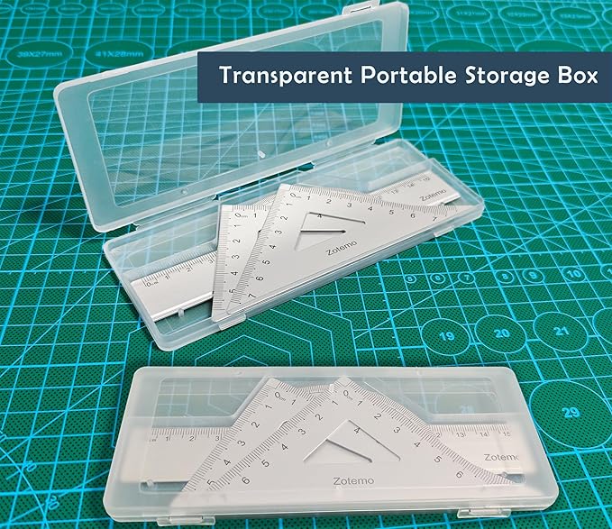 Geometry Ruler Set for Students, Metric Measurement 4-Piece Metal Math Drafting Kit with Non-Slip Design 15 cm Straightedge Ruler, 180° Protractor & 2 Triangles for School Kids (Silver)