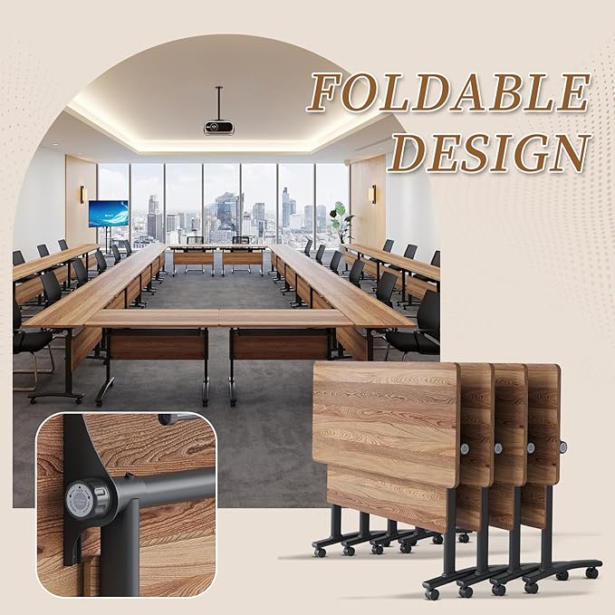 Folding Conference Room Table, Modern Conference Tables with Silent Wheels, Large Rectangular Mobile Training Tables for Office Classroom, Foldable Modular Boardroom Seminar Table (10pack L55.1in)