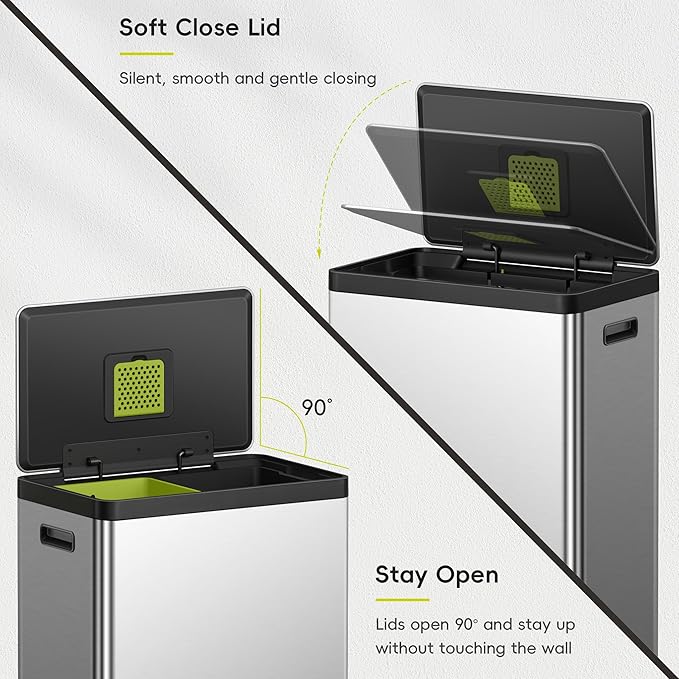 EKO EcoCasa II Rectangular Kitchen Step Trash Can, 20L+20L Dual Compartment Recycling Bins, Stainless Steel Lid and Pedal, Odor-Proof, Fingerprint Resistant