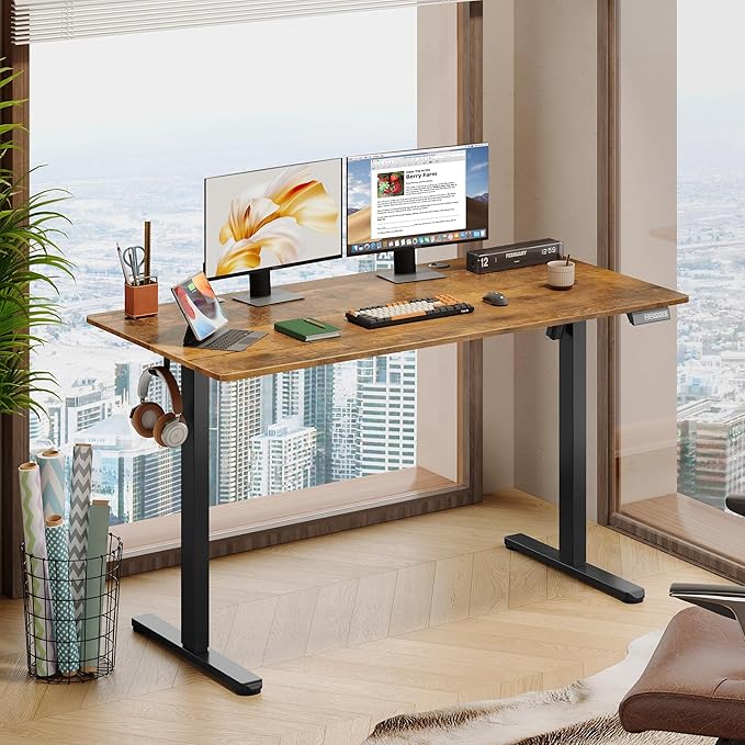 DEVAISE 55 Inch Electric Standing Desk, 3 Adjustable Height Stand up Desk for Home Office, Ergonomic Sit to Stand Desk with LED Touchscreen, Hook, 3 Memory Preset Computer Desk (Rustic Brown)