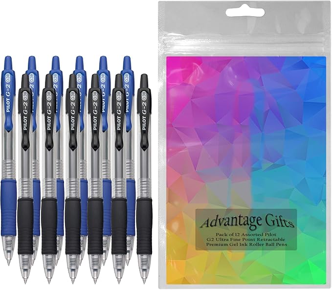 G2 Retractable Premium Gel Ink Roller Ball Pens Ultra Fine Point (.38mm) Black/Blue Ink 12 pack; Refillable & Premium Comfort Grip Bundle with Plastic Reusable Pouch
