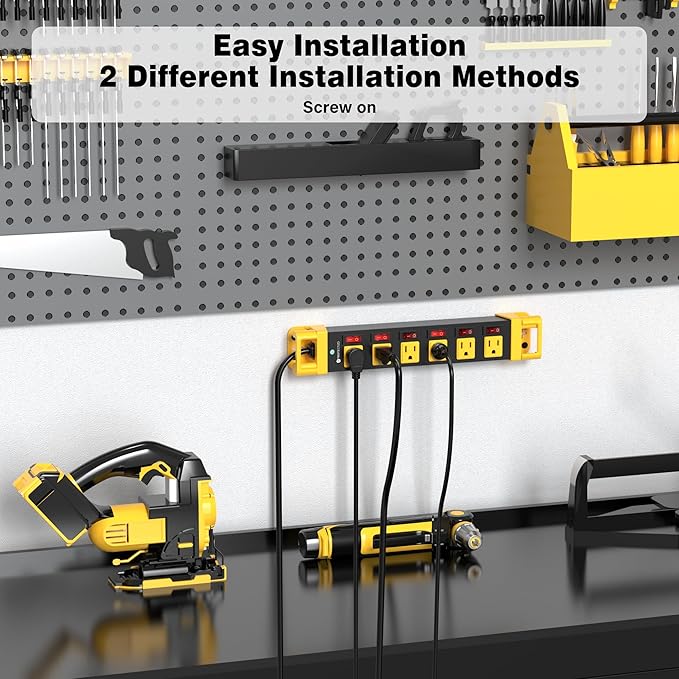 Heavy Duty Power Strip - 6 Outlet Power Strip with Individual Switches Cord Manager Surge Protector 1200J Home Office Garage Industrial Workbench