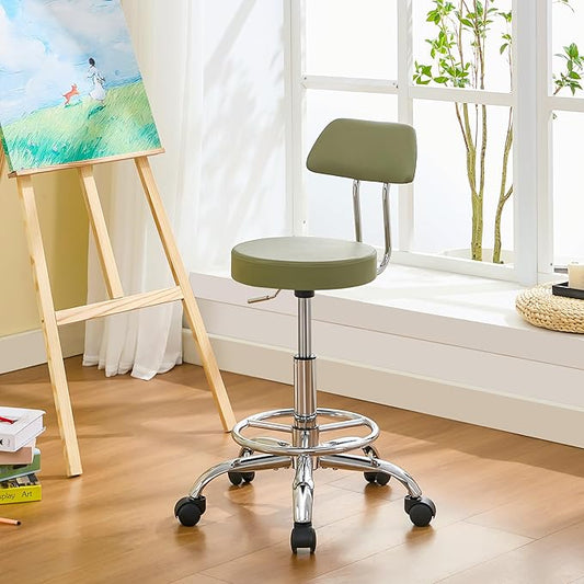 Height Adjustable Stool 19.5’’-26.6’’, Rolling Chair with Back and Footrest, Green Esthetician Stool Ergonomic (Green)