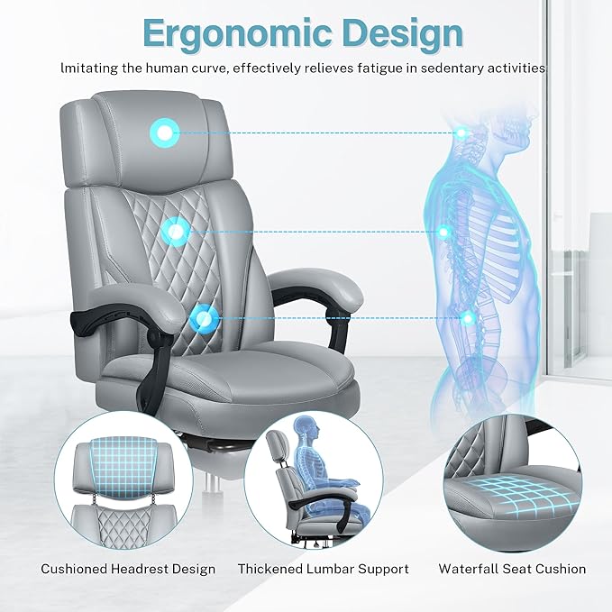 Executive Leather Office Chair, Big and Tall Desk Chair with Footrest Home Office Desk Chairs, Ergonomic Computer Desk Chair with Lumbar Support, Reclining Chair with Adjustable Angle