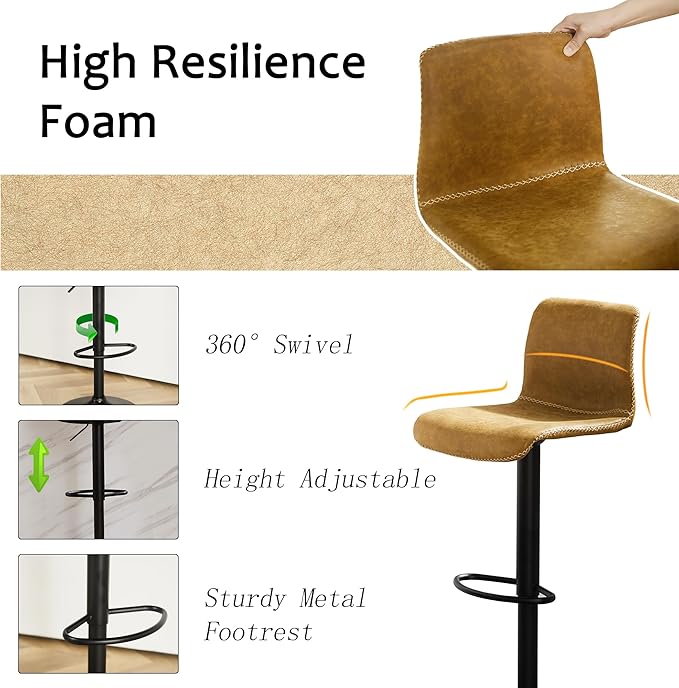 HeuGah Swivel Bar Stools Set of 2, Adjustable Counter Height Barstools with Back, Brown Faux Leather Bar Chairs for Kitchen Island (Whiskey Brown, Set of 2 (24'' to 32''))