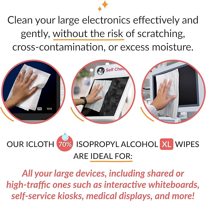 iCloth 70% Isopropyl Alcohol XL Screen and Electronics Wipes, Lint-Free, Streak-Free, Fast-Drying, Removes Dust and Fingerprints (24 Wipes)