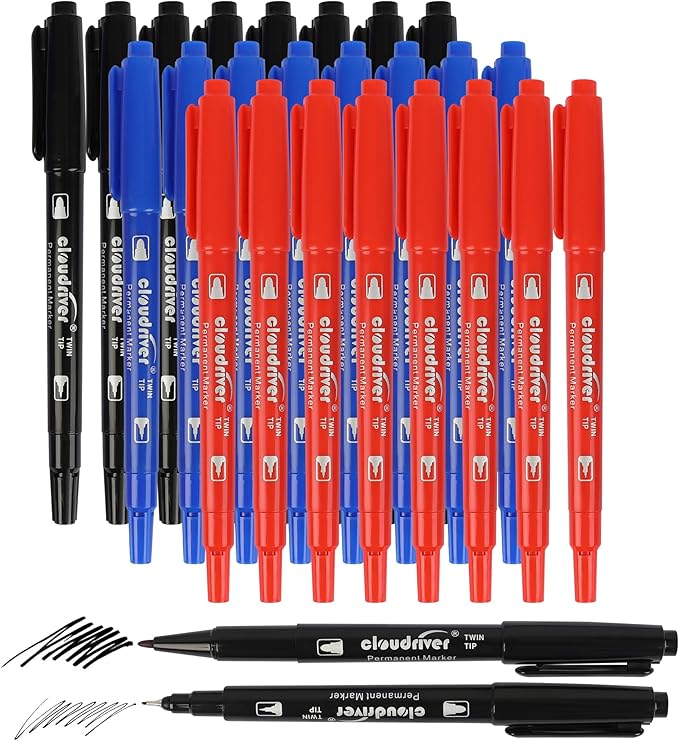 cloudriver Ultra Fine Permanent Markers, 24 Count Twin Tip Permanent Marker Set, 3 Assorted Colors, Ultra Fine Piont And Fine Piont Permanent Marker for Signature And Marking