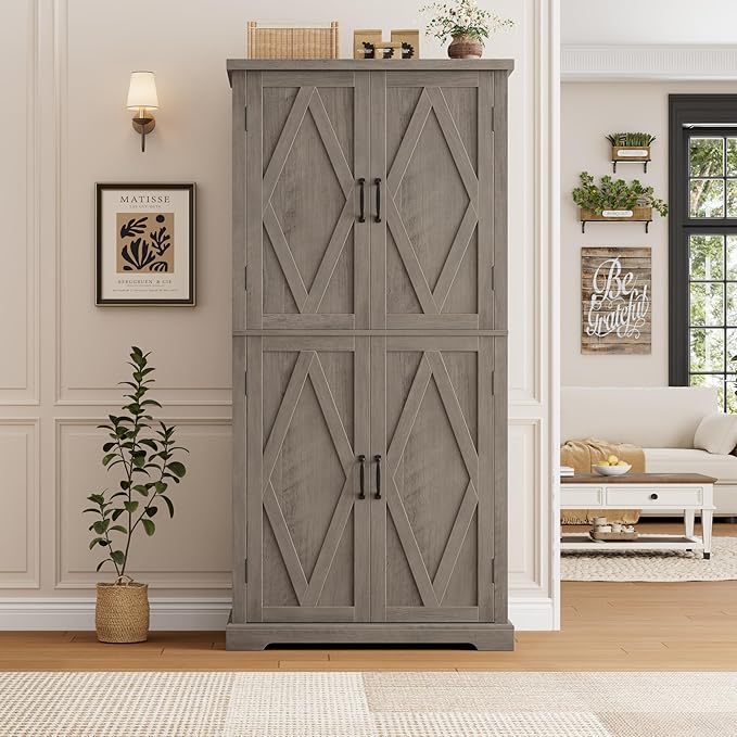 HOSTACK 64" Tall Pantry Cabinet, Modern Farmhouse Kitchen Pantry, Wood Bathroom Storage Cabinet, Large Bookcase, 4 Doors|Adjustable Shelves, for Dining Room, Living Room, Home Office, Ash Grey