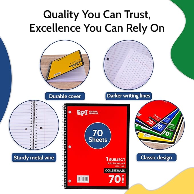 EPI Spiral Notebook | 1 Subject - College Ruled - 70 Sheets, Durable Spiral Binding | 10.5 x 8 in | Classroom Supplies | School, Office, Note Taking, Journaling - 3 Pack