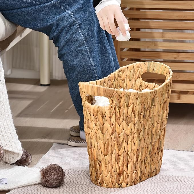 FairyHaus Wicker Trash Can with Handles, Natural Water Hyacinth Wicker Waste Basket, Handwoven Wicker Trash Basket for Bathroom Bedrooms, 13" L x 7.5" W x 12.2" H
