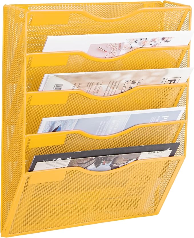 EASEPRES 5 Pocket Mesh Hanging Wall File Organizer, Wall Mounted Mail Paper Document Folder Holder, Clipboard Storage Organization Magazine Rack with Nametag Label for Office Home School, Yellow