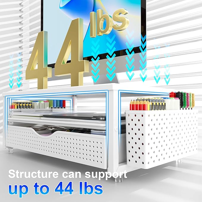 gianotter Desk Organizers and Accessories, Monitor Stand with Drawer and 2 Pen Holder, Desktop Organizer Suitable for Offices and Dormitories (White)